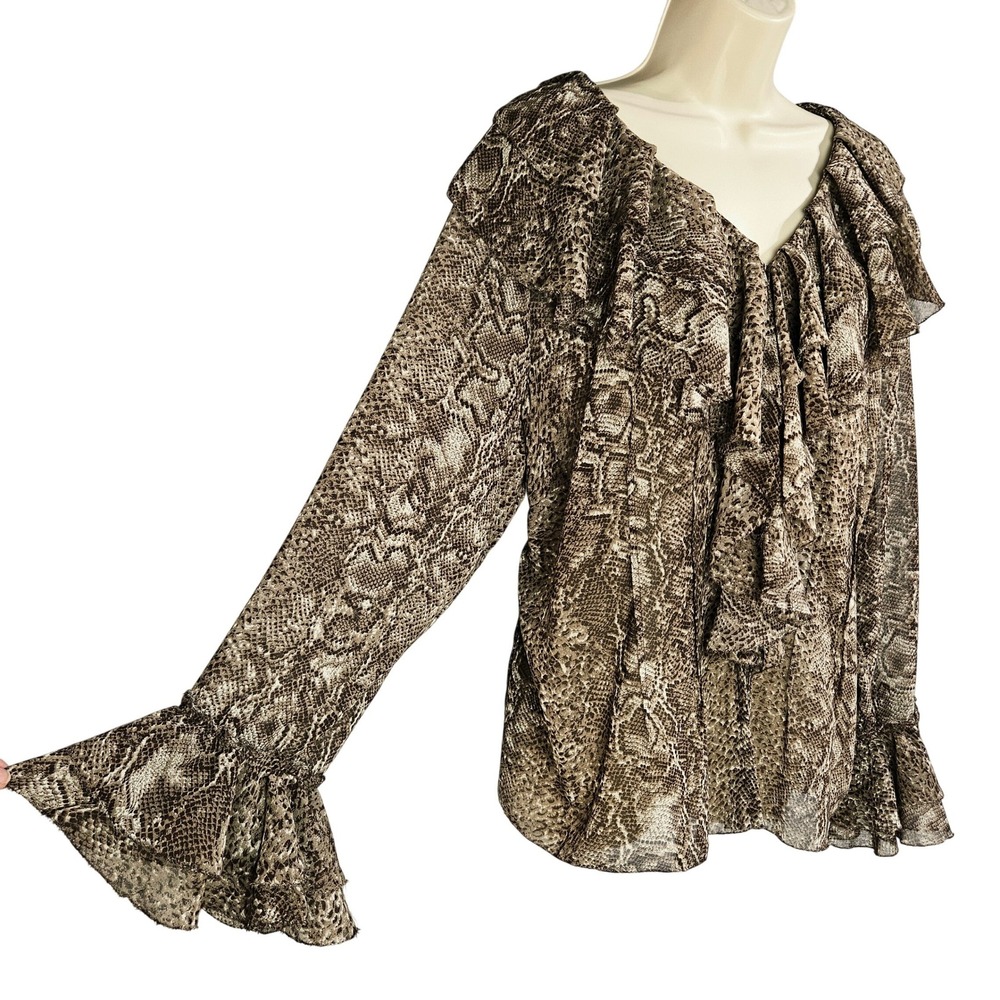Brown Snakeskin Ruffle V-Neck Bell Sleeve Blouse 2X Boho Chic Mob-Wife Edgy
